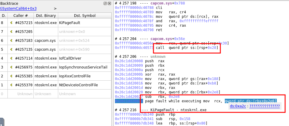 Trace of driver crash